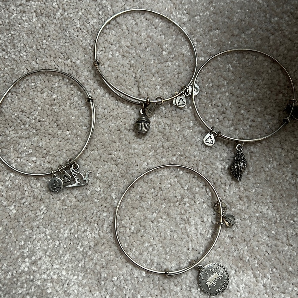 Alex and Ani Lot Of 4 Silver Bracelet Bangles - Taurus, Cupcake, Dove, Seashell